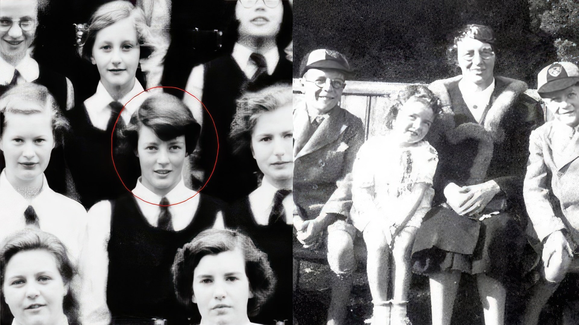 Right: Maggie Smith with her mother and brothers, left - at 16 years old at school