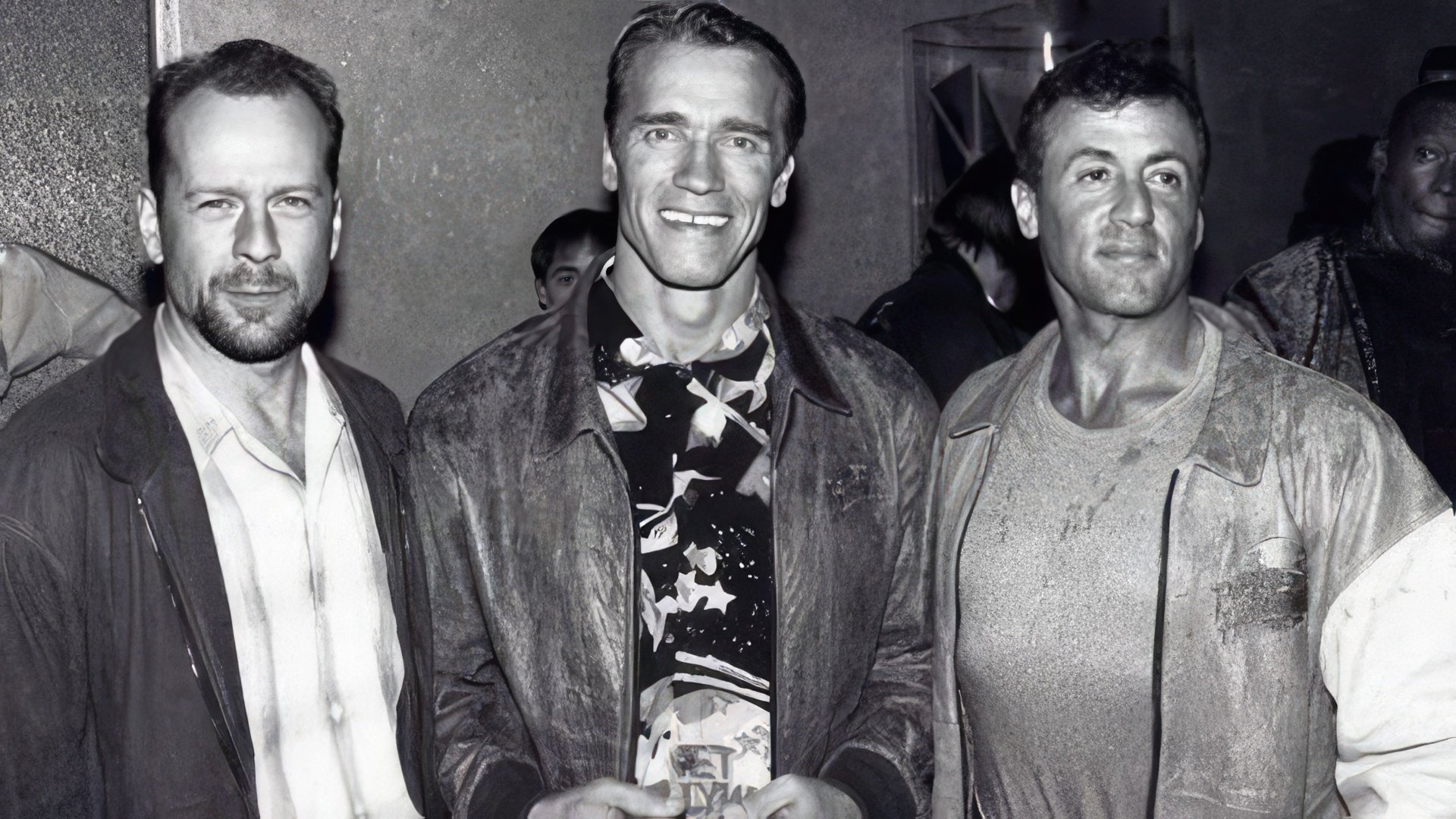 A unique photo of Stallone, Schwarzenegger, and Bruce Willis