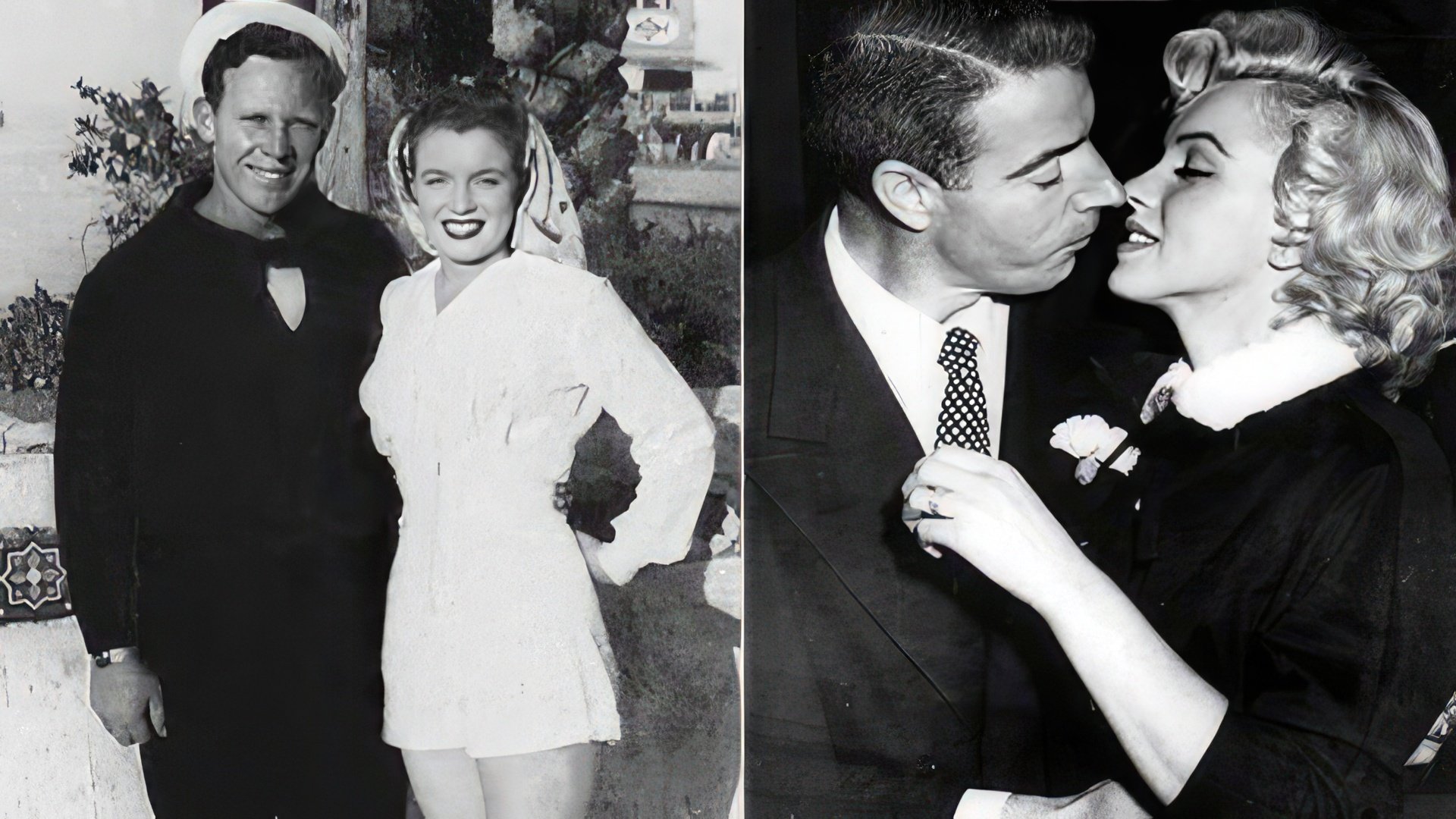 Marilyn Monroe and her former husbands: James Dougherty (left) and Joe DiMaggio (right)