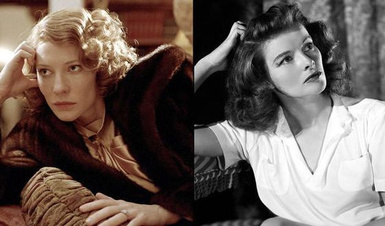 Cate Blanchett appearing as Katharine Hepburn and the real Katharine