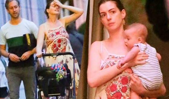 Anne Hathaway with her husband and son
