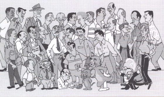 A caricature drawing of the cartoon studio employees (Jack Nicholson is a top row on the right)