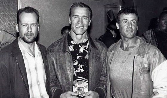 A unique photo of Stallone, Schwarzenegger, and Bruce Willis