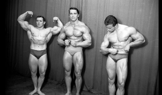 Young Arnold Schwarzenegger at the Competition of Body-Builders