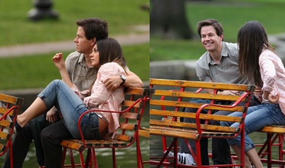 Mark Wahlberg and Mila Kunis on the set of «Ted»