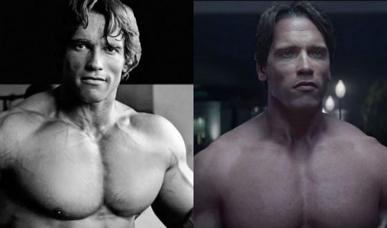 Arnold Schwarzenegger (left) and the result of his “youngification” in Terminator Genisys (right)