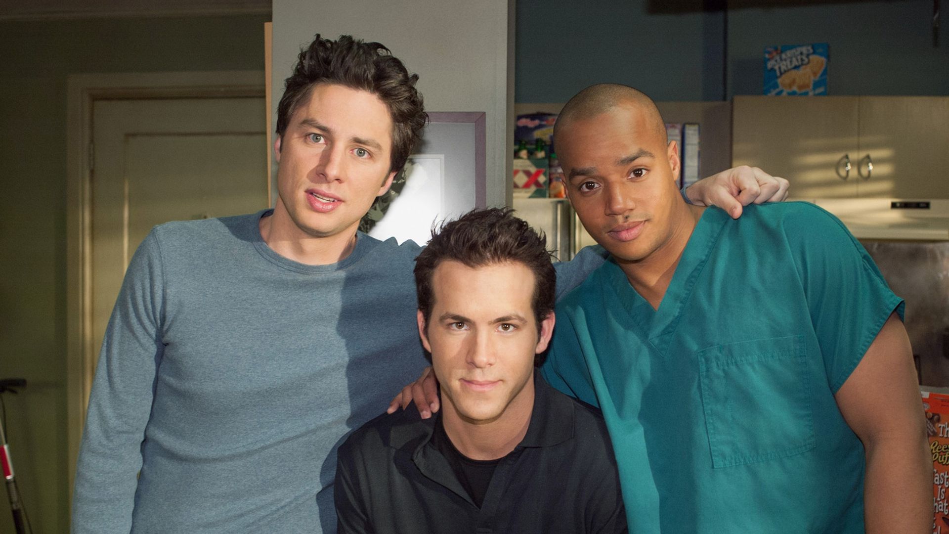 Zach Braff, Ryan Reynolds, and Donald Faison on the set of Scrubs