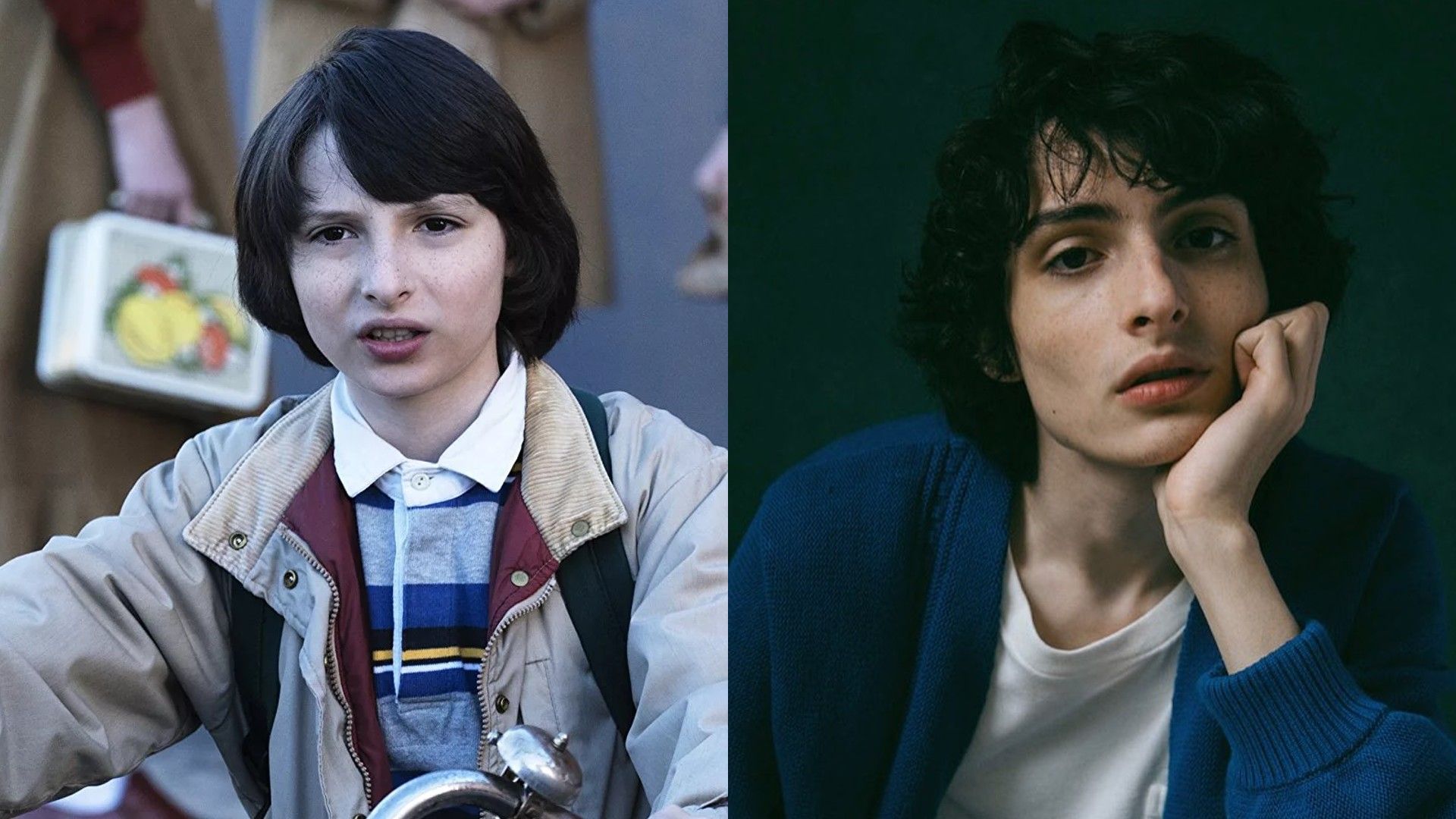 Finn Wolfhard in the first season of Strangler Things and now