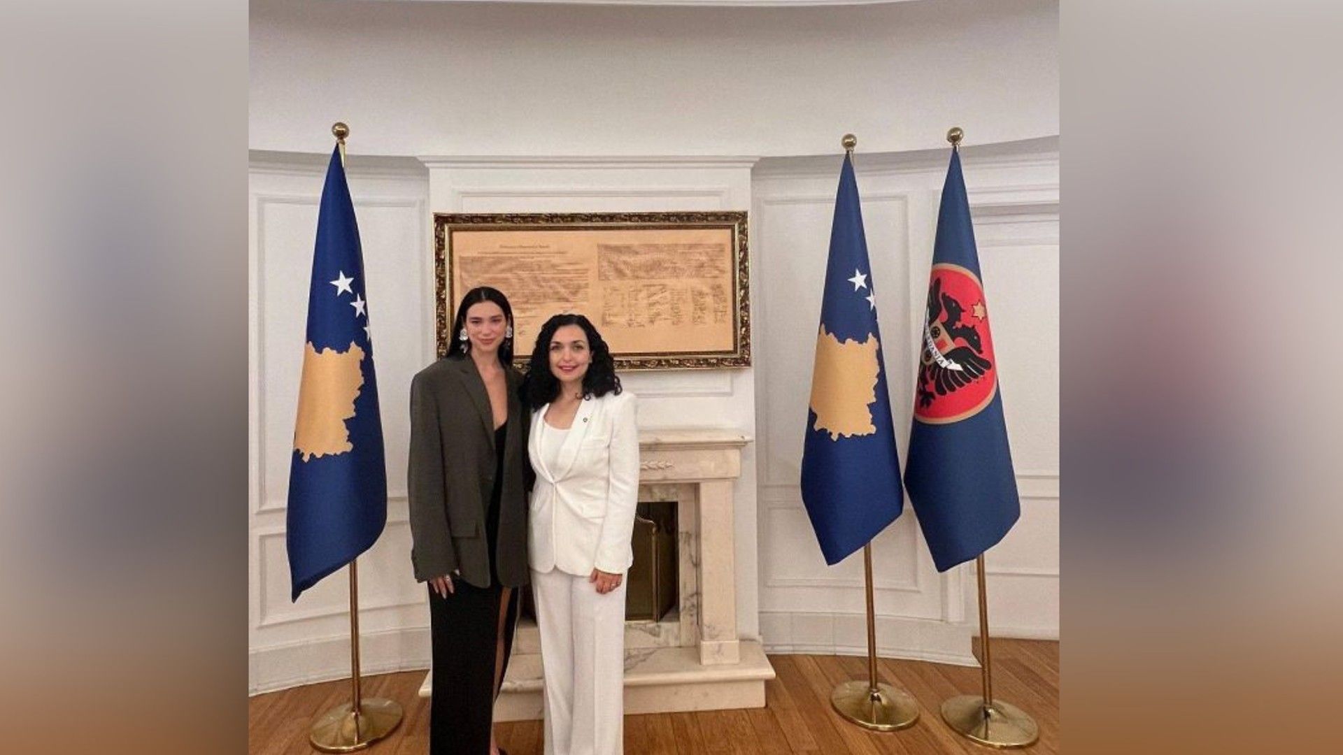 Dua Lipa and the President of Kosovo Vyosa Osmani-Sadri.