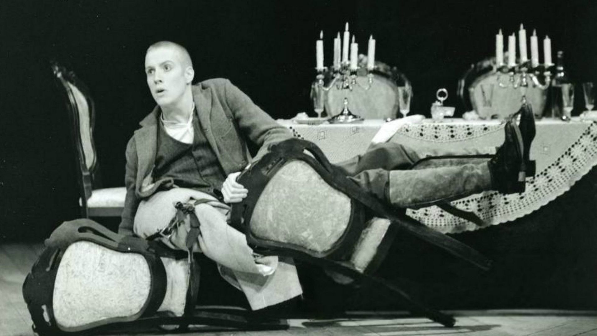 Rhys Ifans as a young man on the theater stage