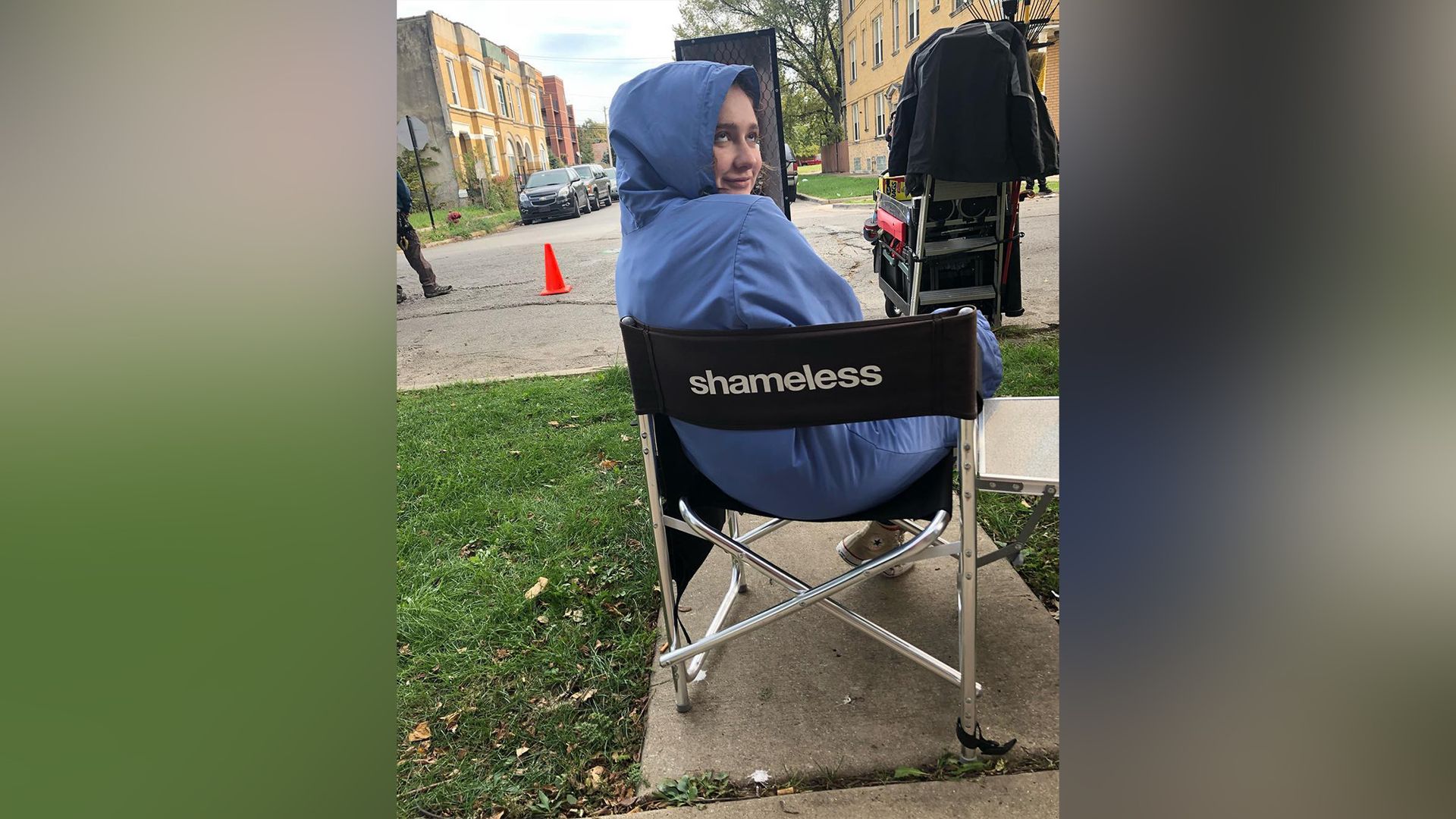 Emma Kenney on the set of Shameless