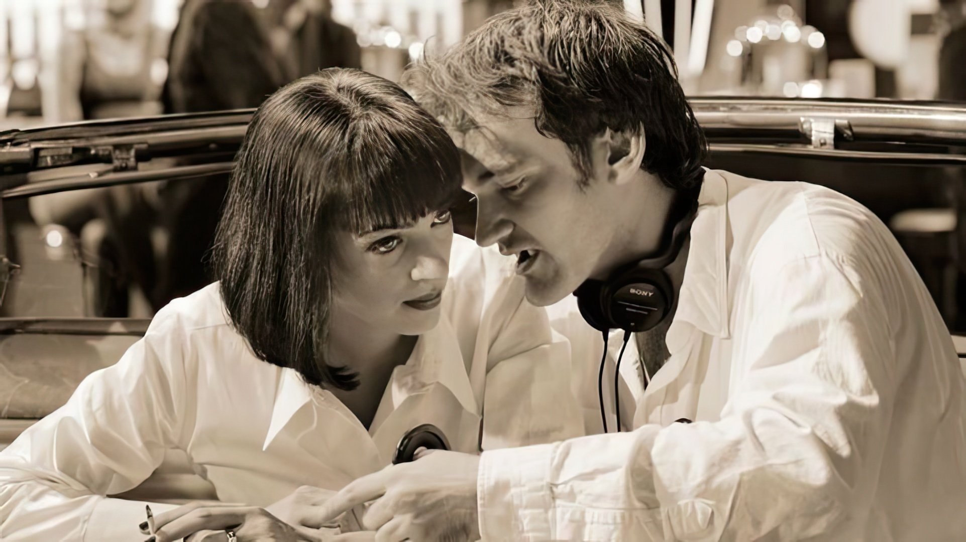 Quentin Tarantino and Uma Thurman on the set of 'Pulp Fiction'