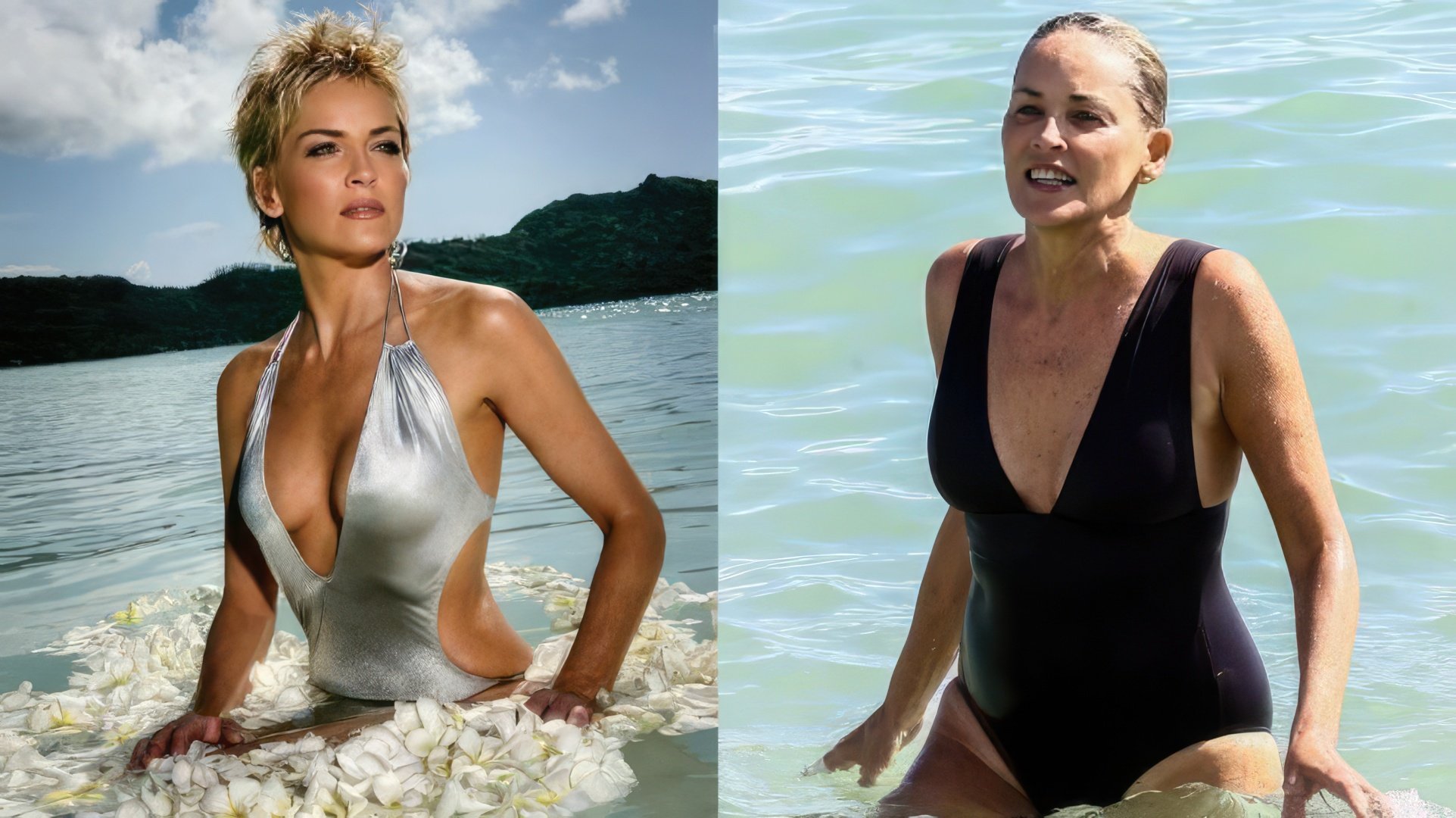 Sharon Stone in a swimsuit: then and now