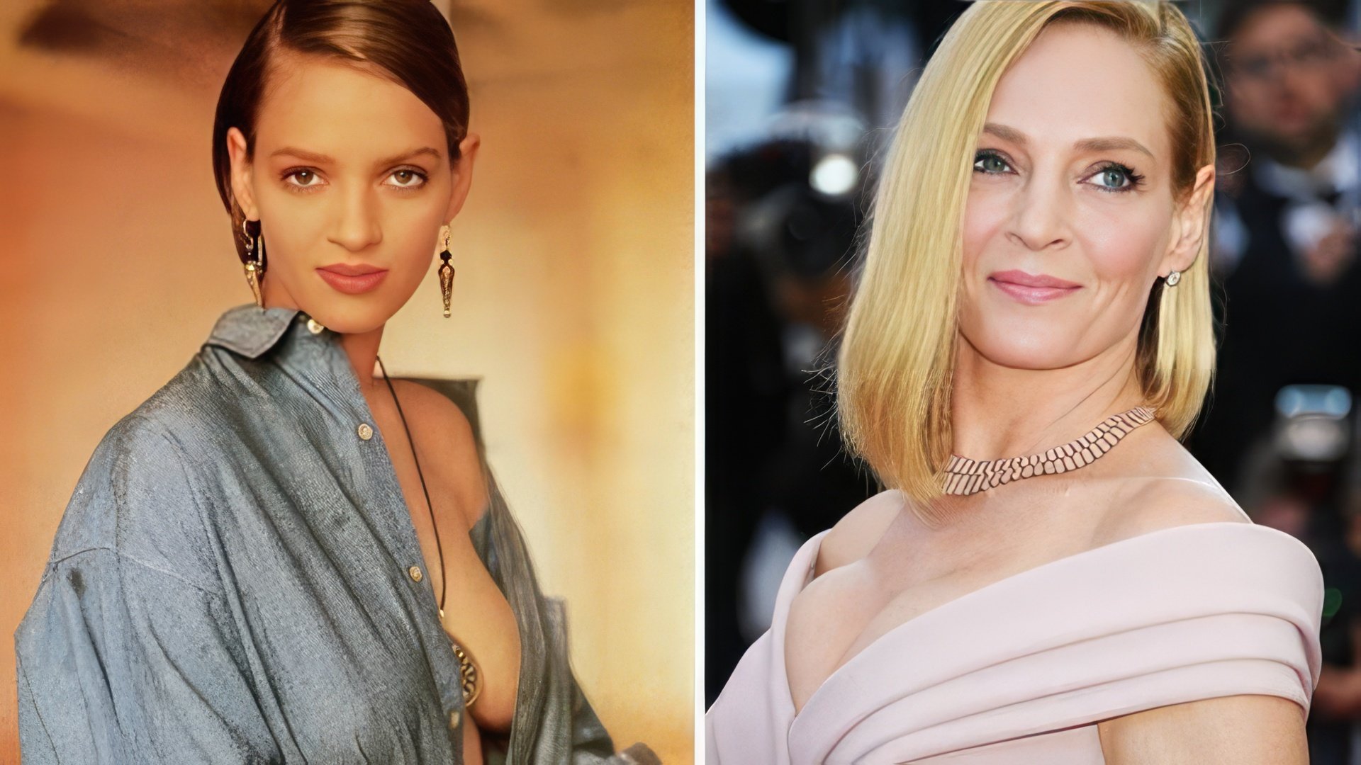 Uma Thurman in her youth and now
