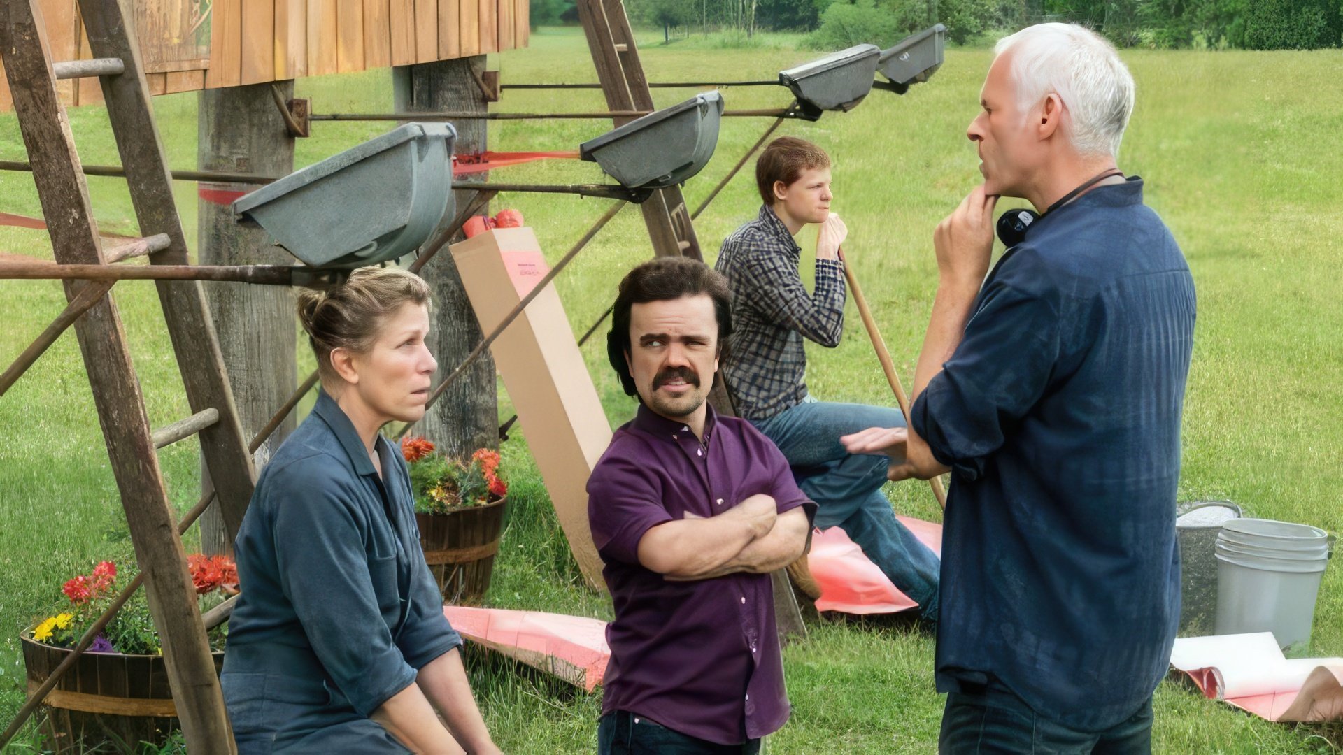 Frances McDormand and Peter Dinklage on the set of "Three Billboards"