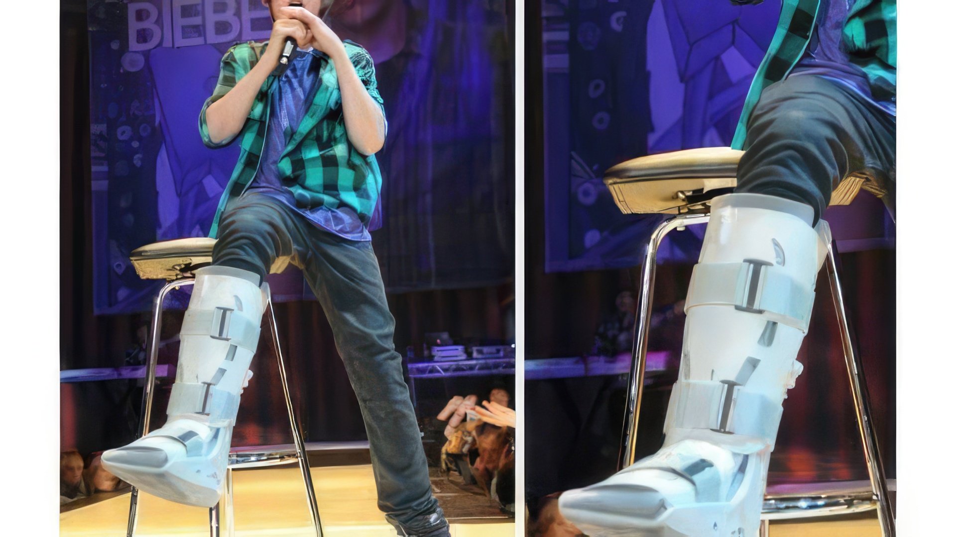 In 2009, Justin Bieber broke his leg during a concert