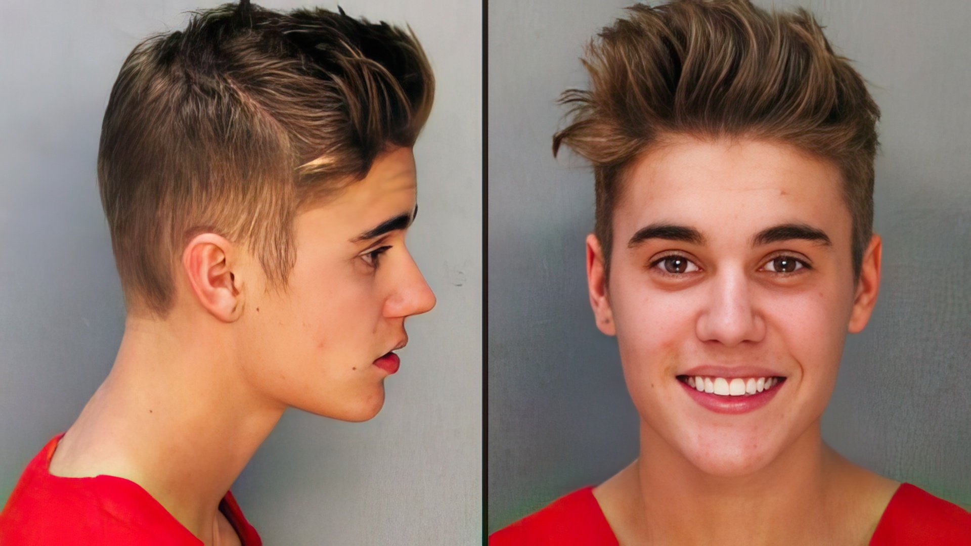 The infamous photo of Justin Bieber post-arrest