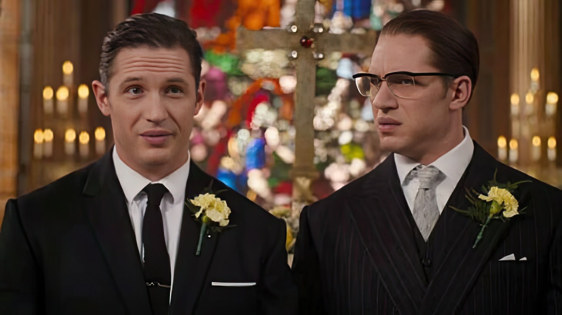 Tom Hardy as the Kray twin brothers