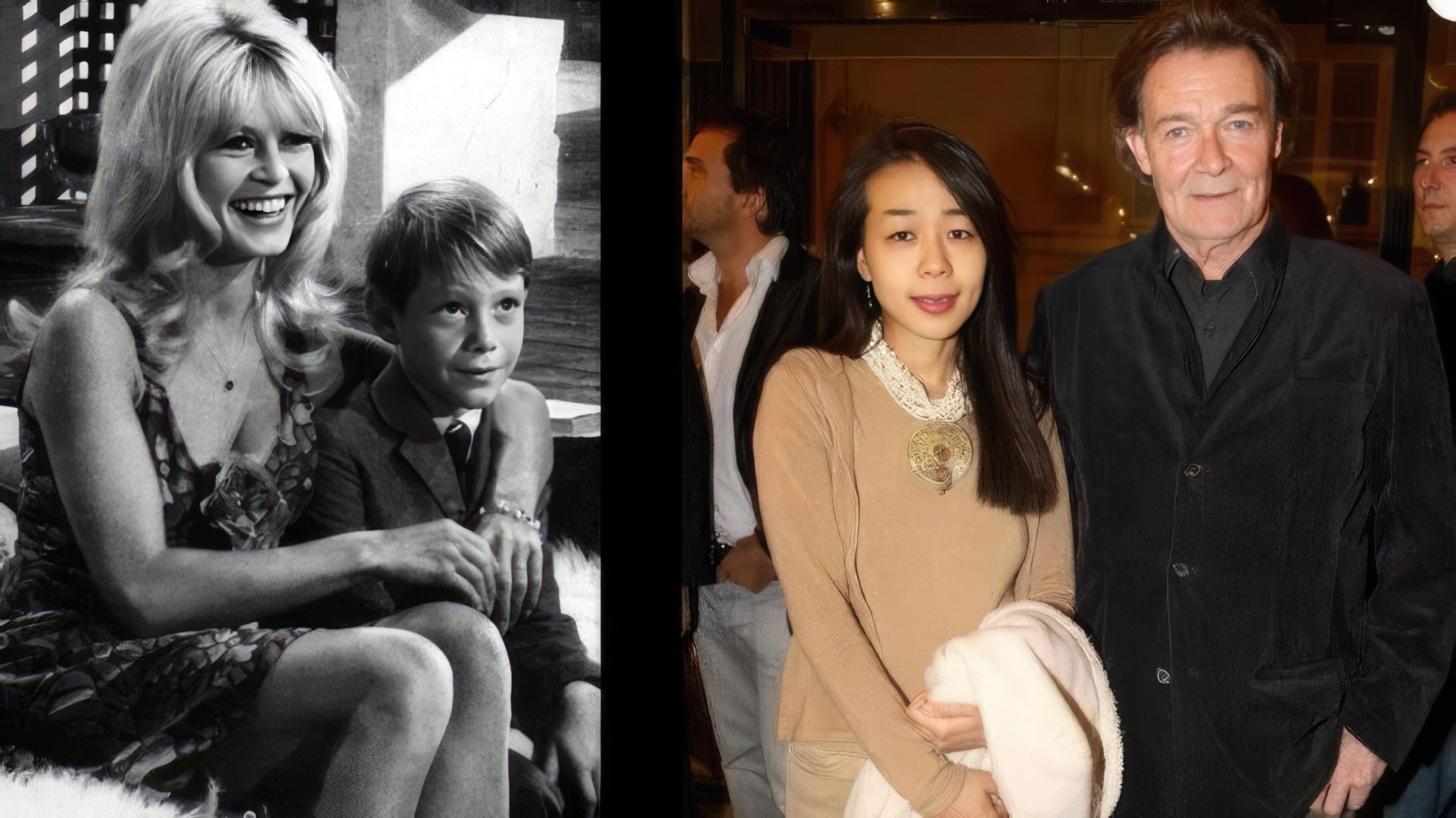 Left: Brigitte Bardot with her son, right: Nicolas Charrier with his wife now