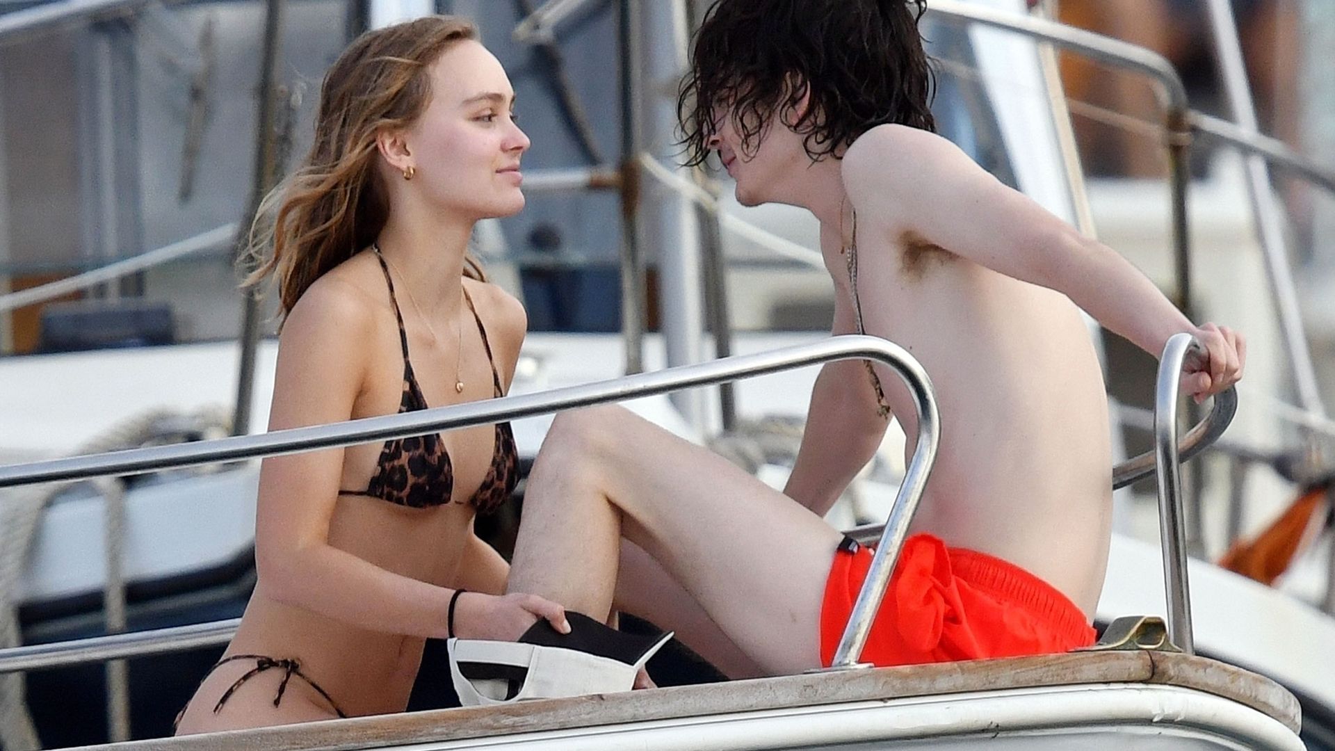 Lily-Rose Depp and Timothée Chalamet on a yacht