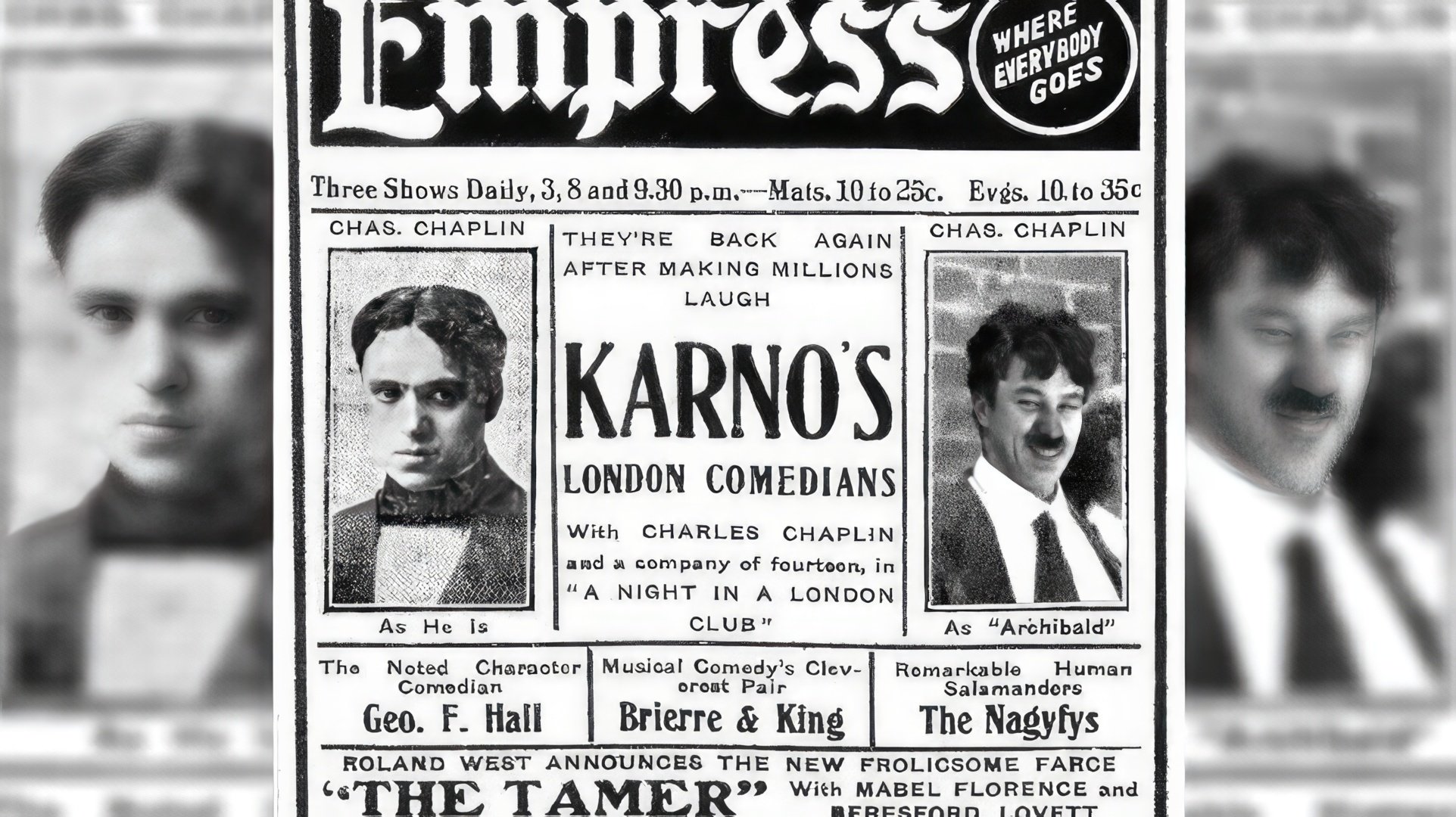 Charlie Chaplin on the poster of the Karno theater