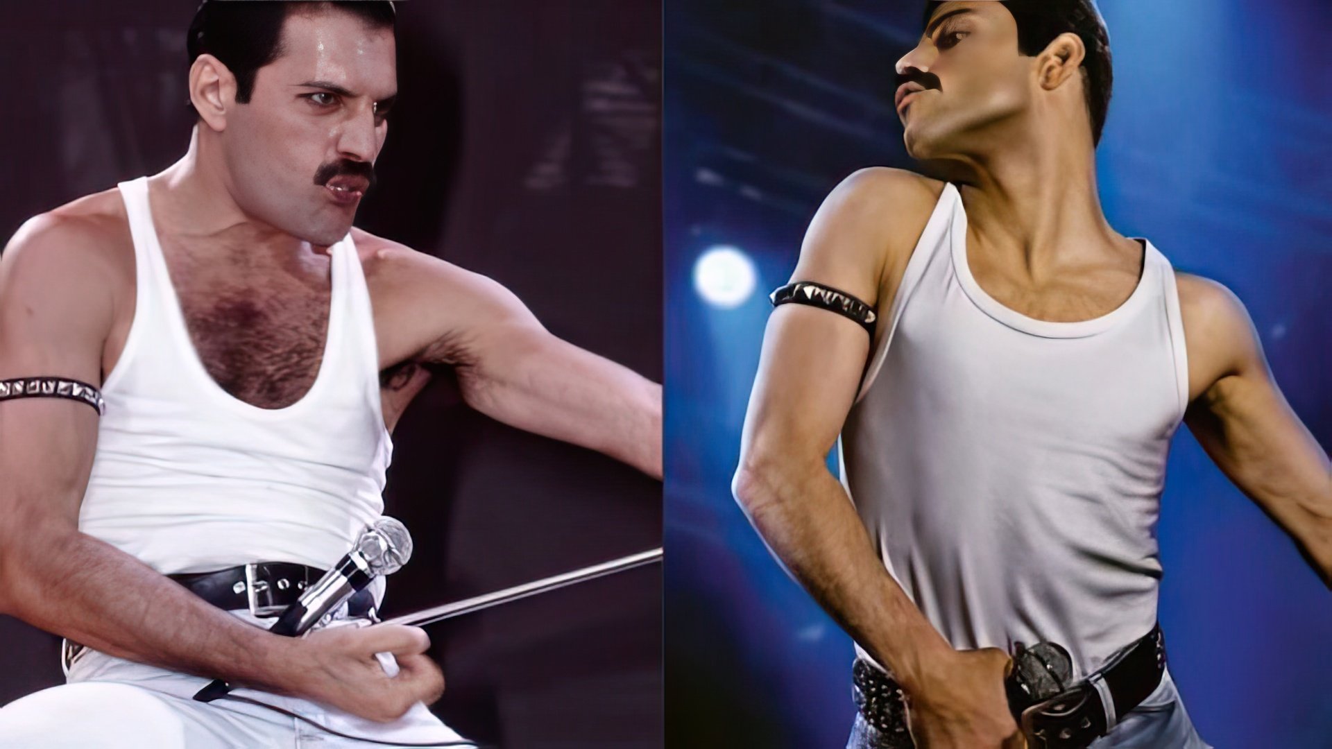 On the left: Freddie Mercury, on the right: Rami Malek