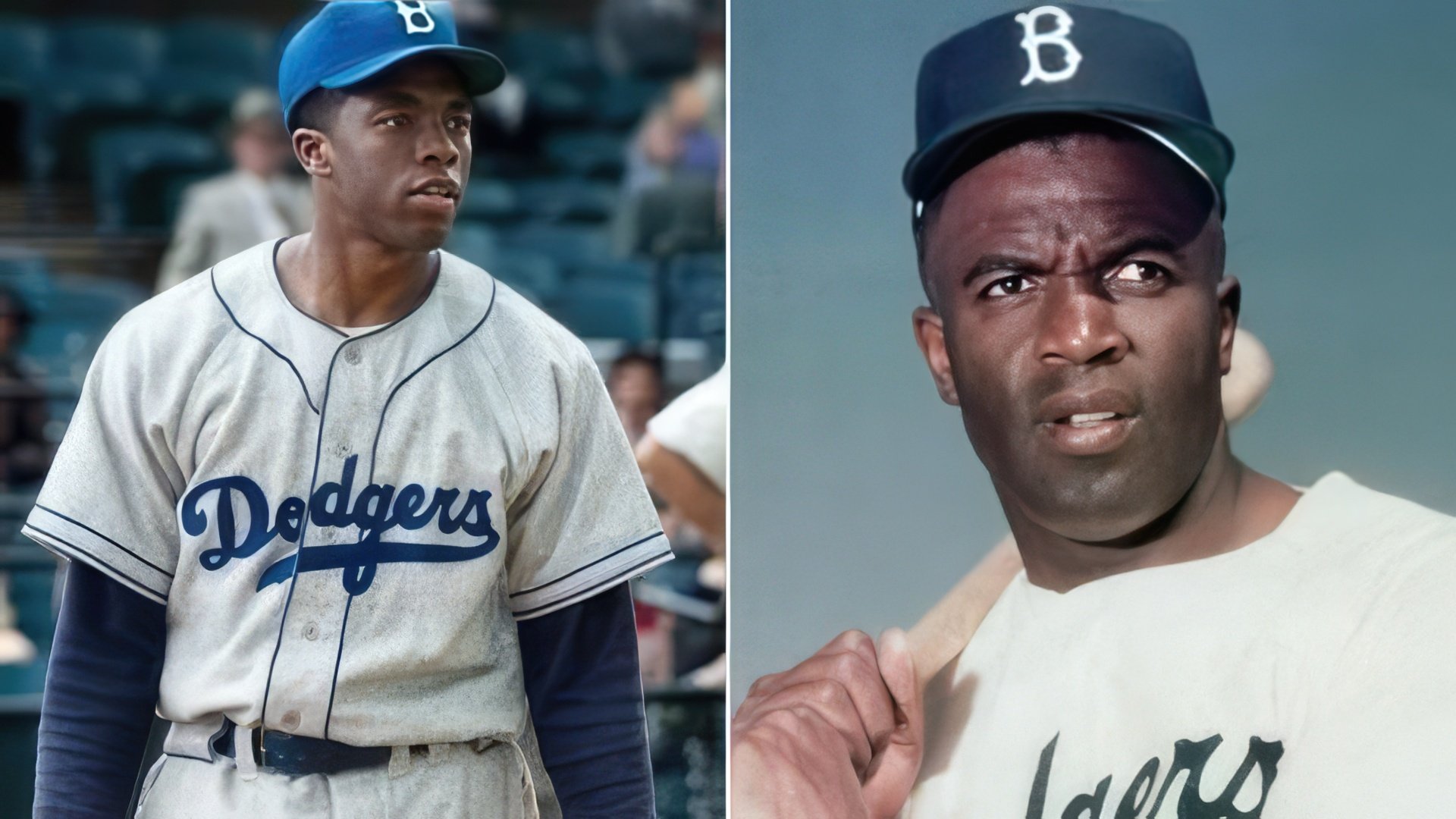 Chadwick Boseman in the movie '42' and his real-life counterpart