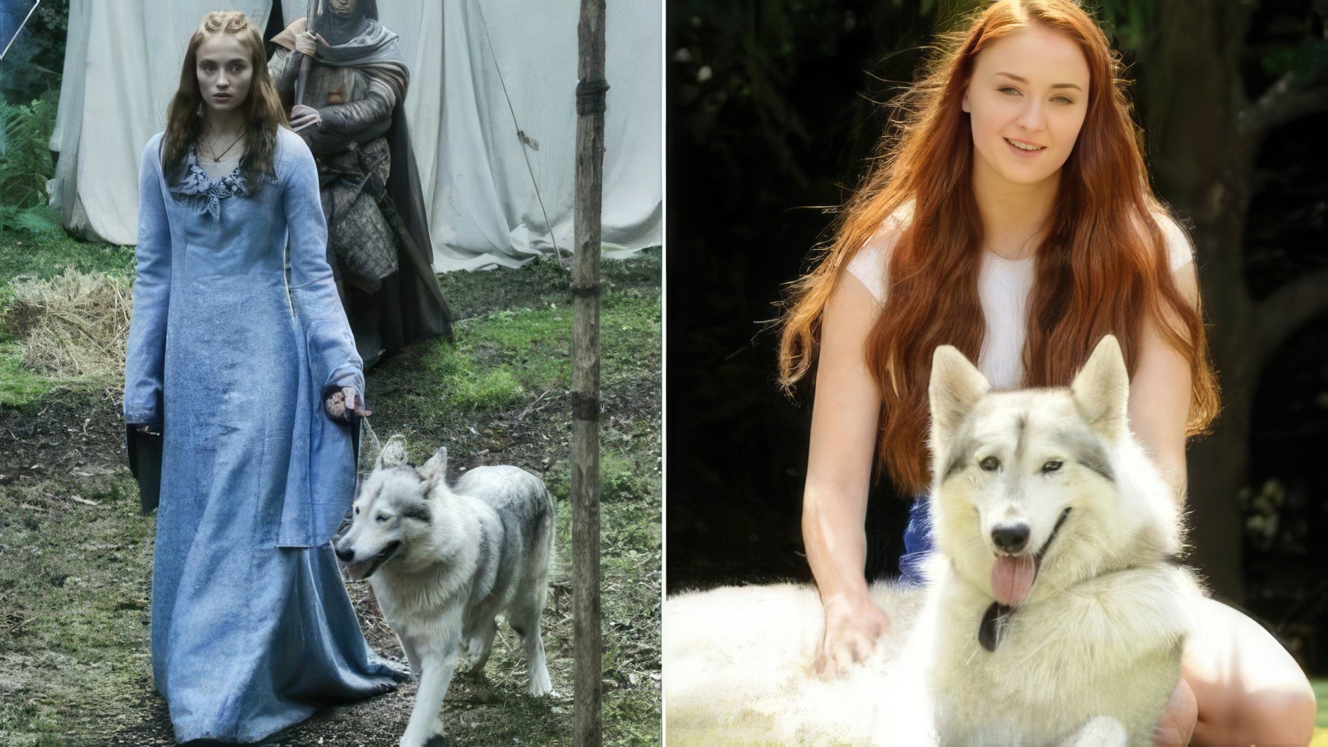 Sansa Stark and her dire wolf Lady outside the set