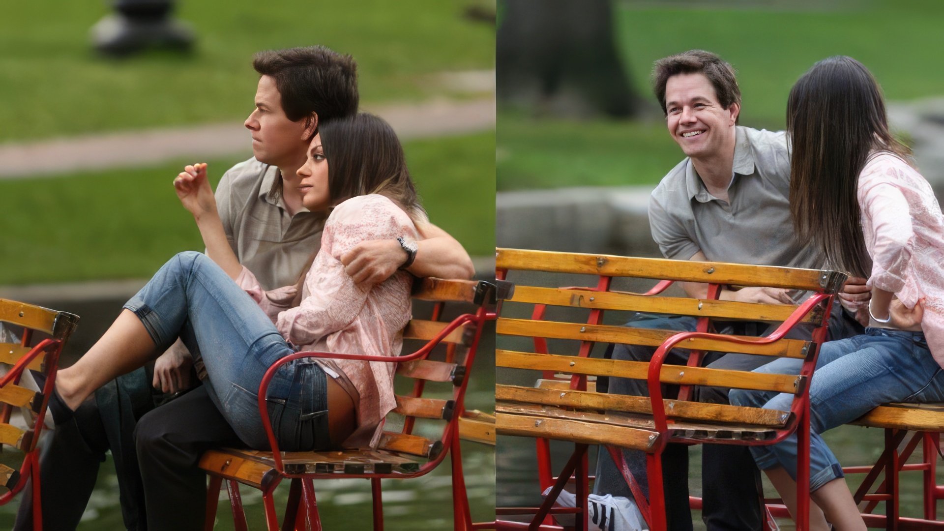 Mark Wahlberg and Mila Kunis on the set of «Ted»