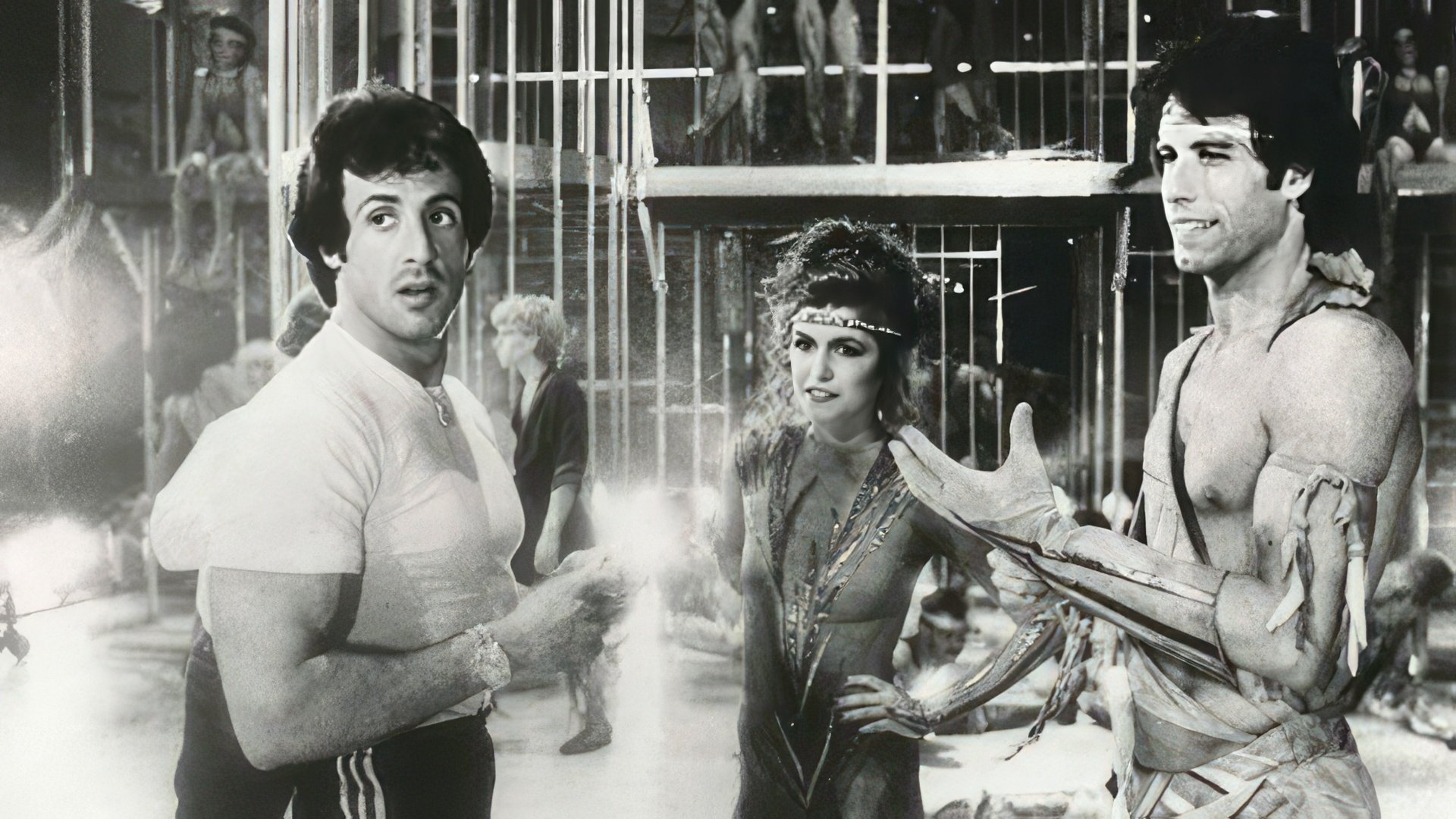 Sylvester Stallone, Finola Hughes and John Travolta on the set of «Staying Alive»