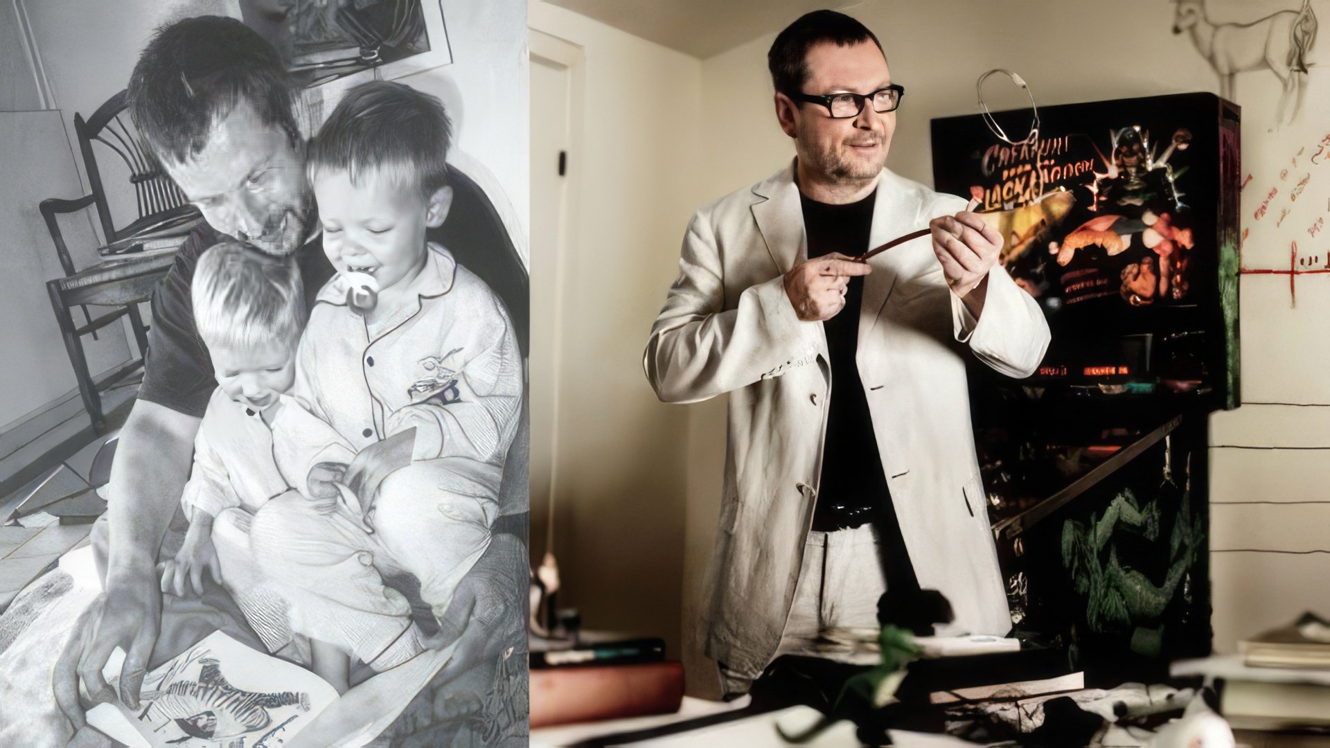 At the Left: Lars von Trier with His Children, at the Right: Lars in His Office