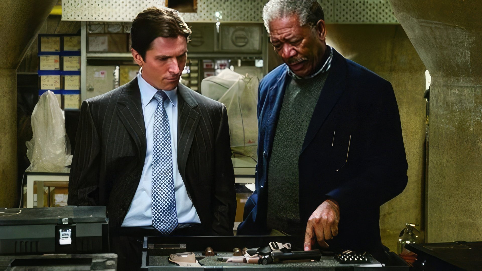 Morgan Freeman and Christian Bale in the Batman Begins
