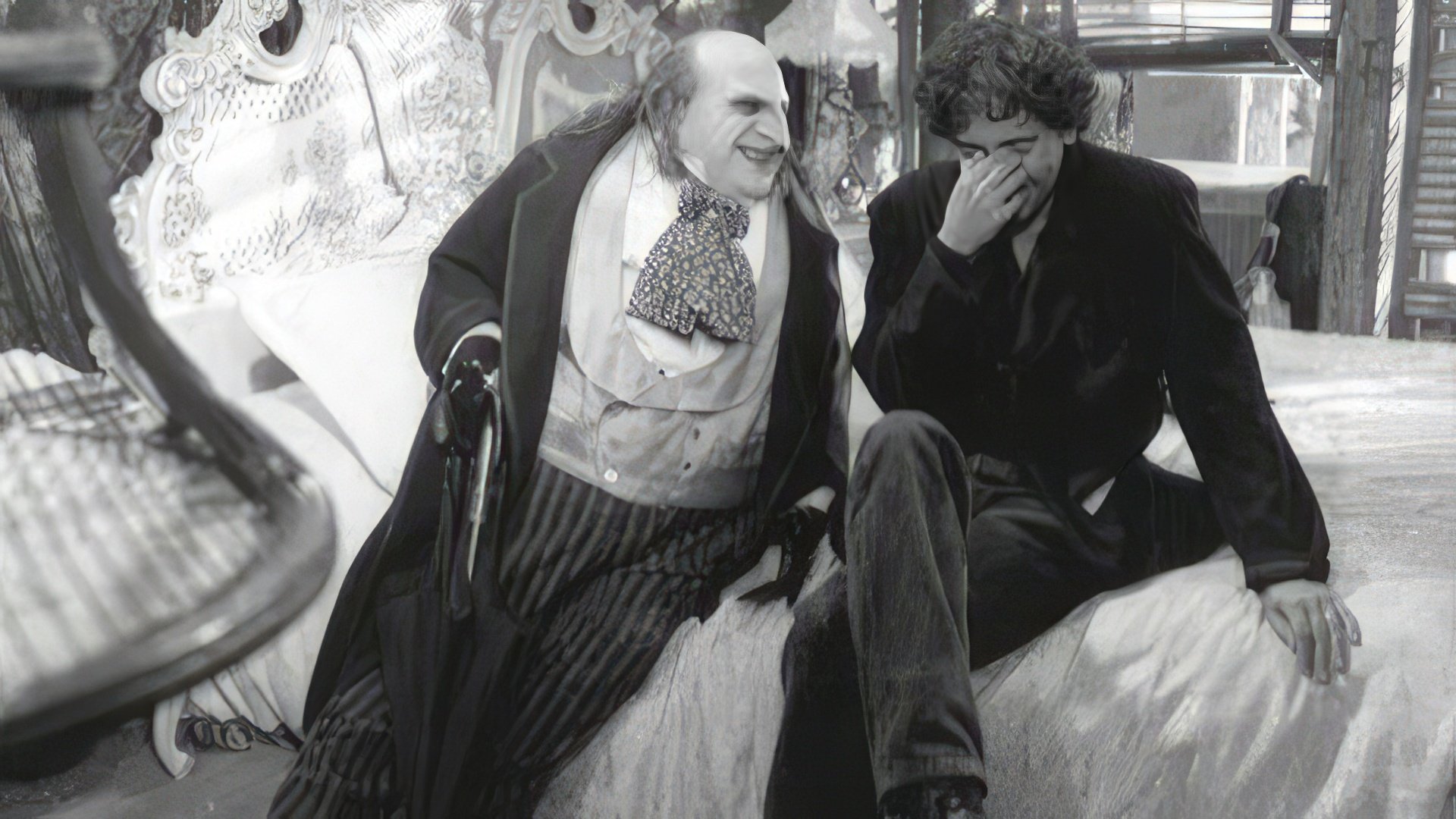 Tim Burton and Danny De Vito on the set of Batman Returns