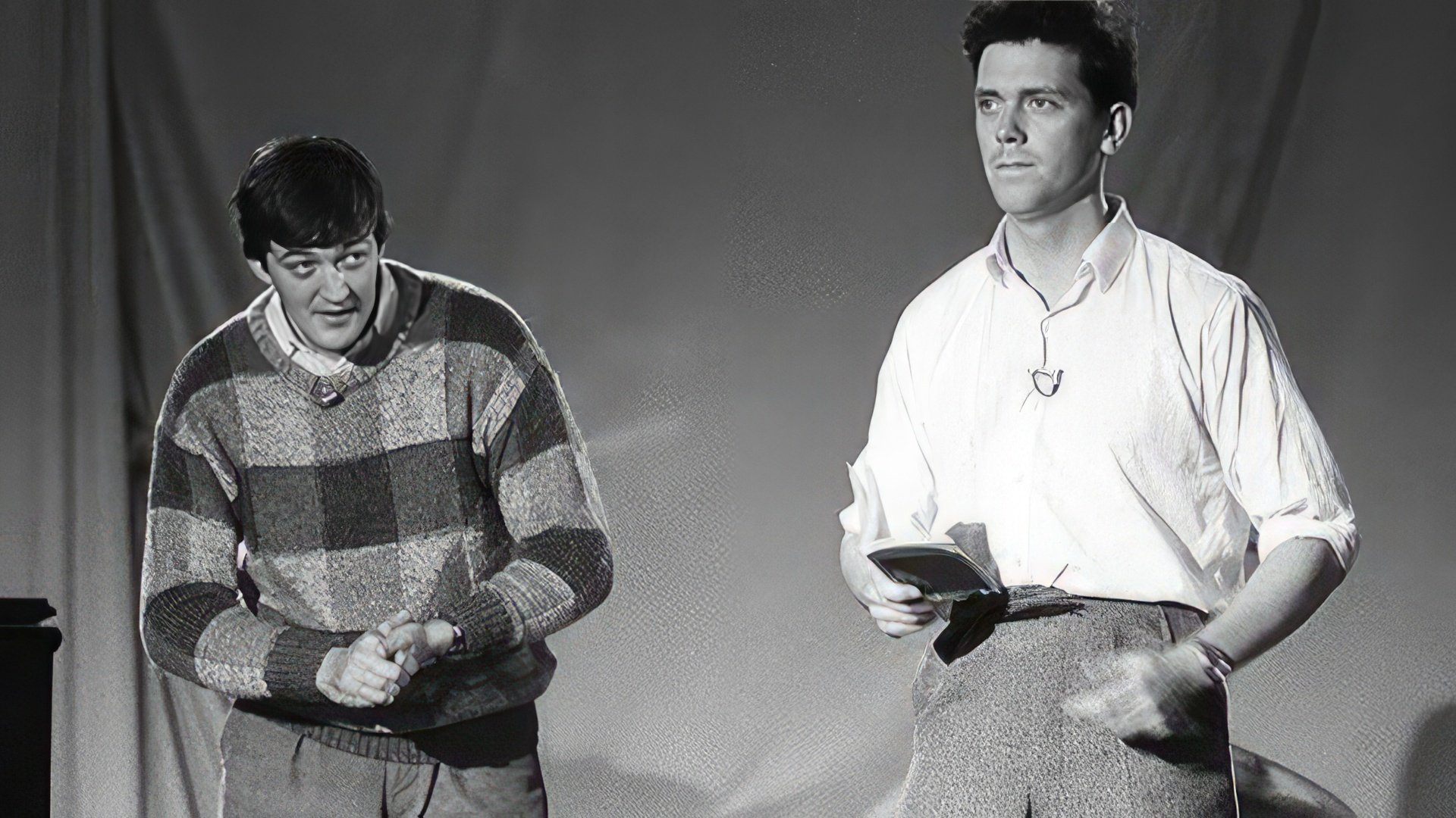 Young Stephen Fry and Hugh Laurie on the stage