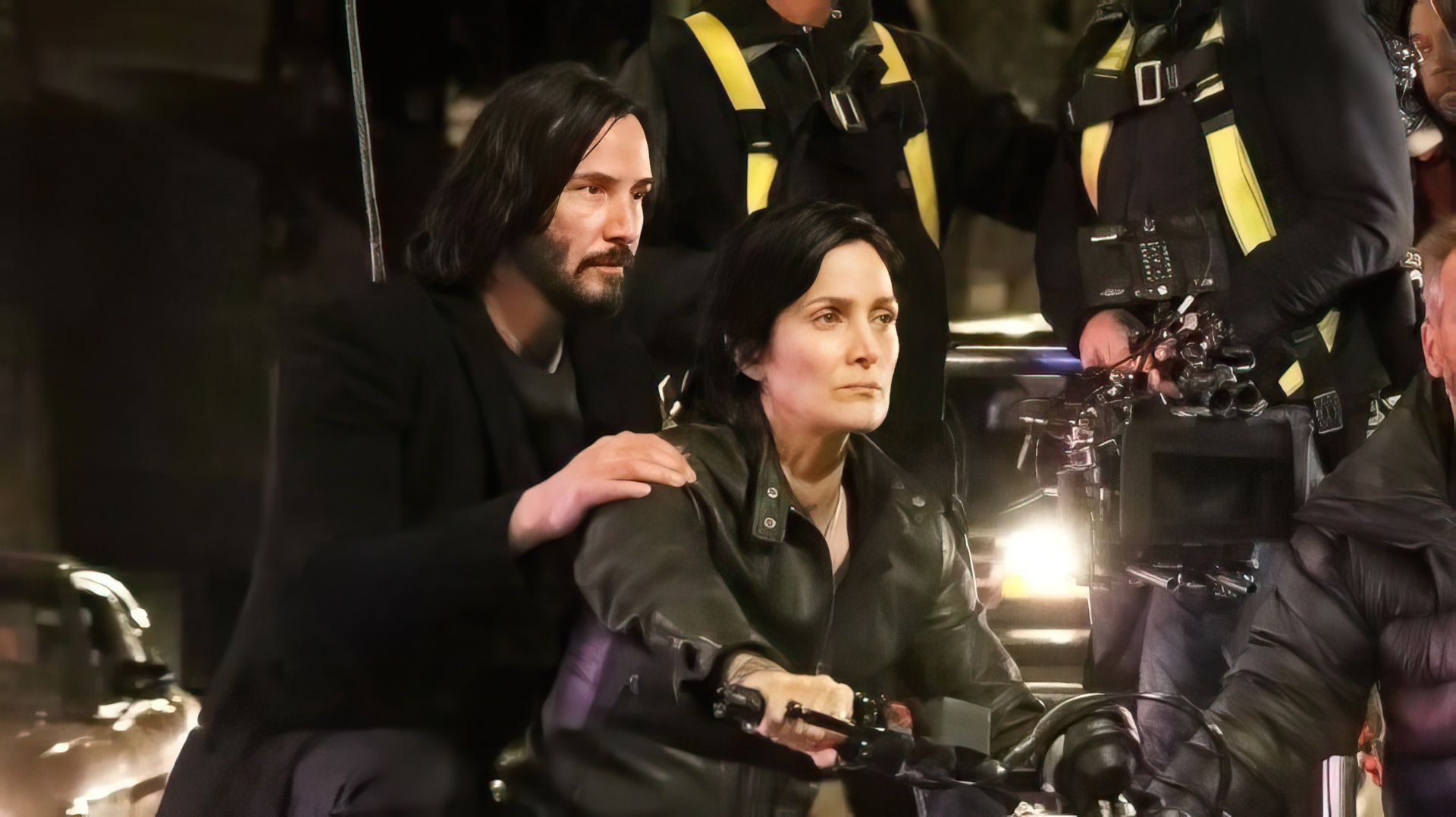Carrie-Anne Moss and Keanu Reeves on the set of the fourth Matrix