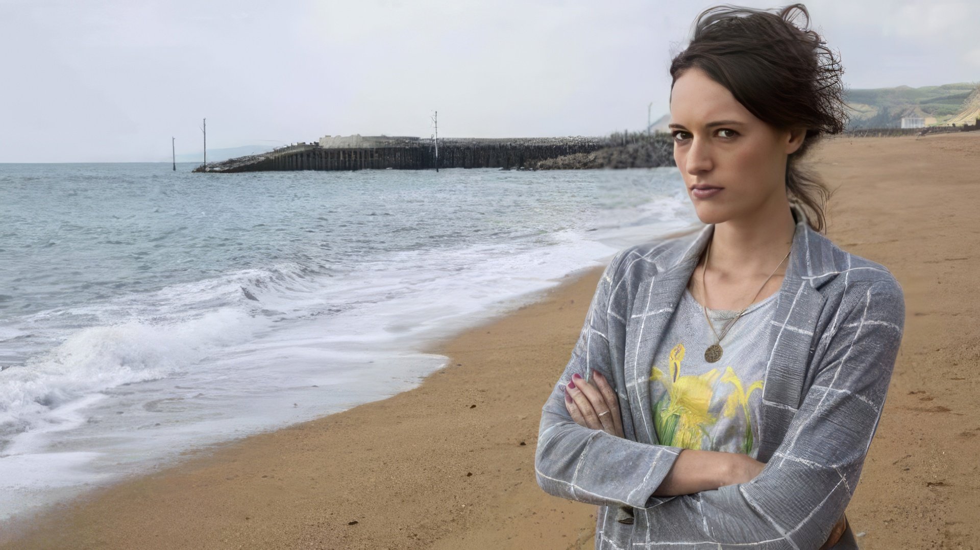 Phoebe Waller-Bridge on the set of TV series Broadchurch