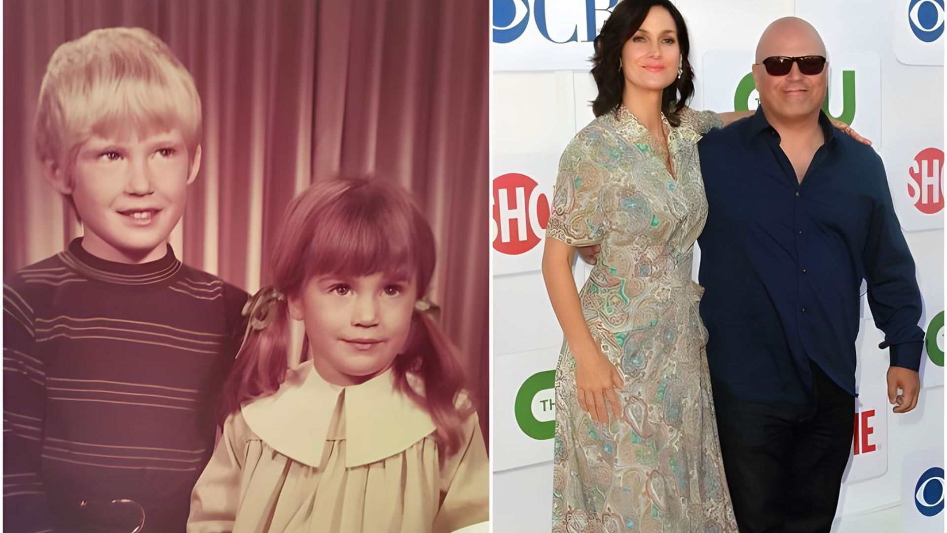 Carrie-Anne Moss and her brother Brooke as children and now