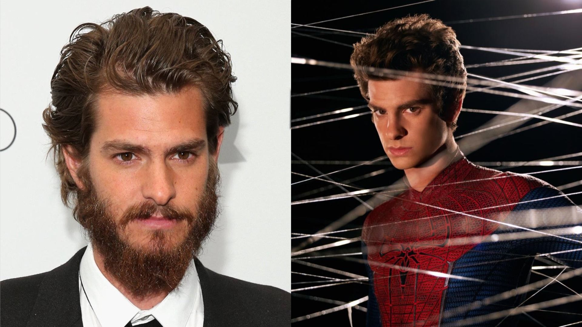 Andrew Garfield with a thick beard / As Spider-Man