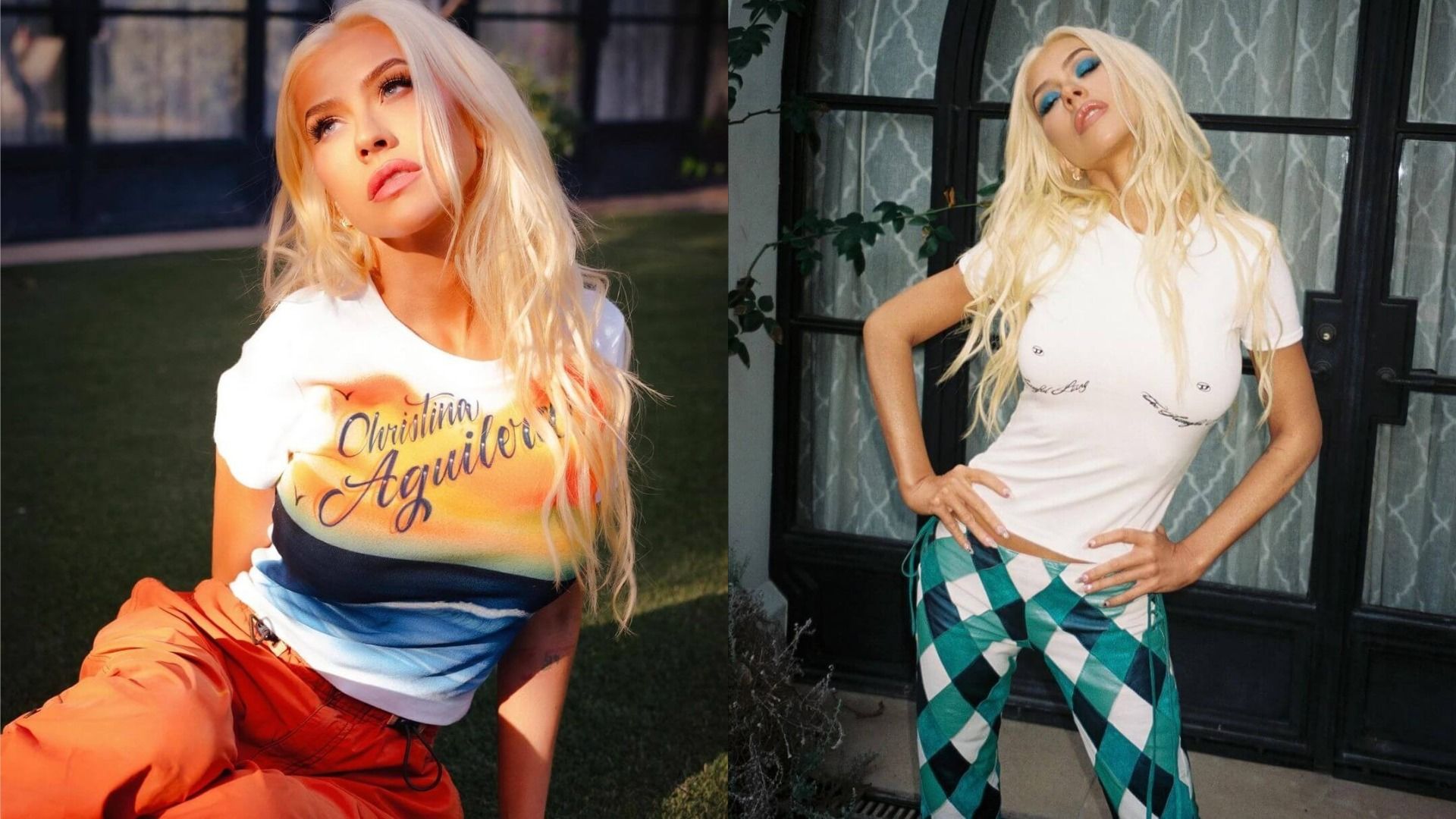 Christina Aguilera in looks from the videos 'Come On Over' and 'Genie in a Bottle'