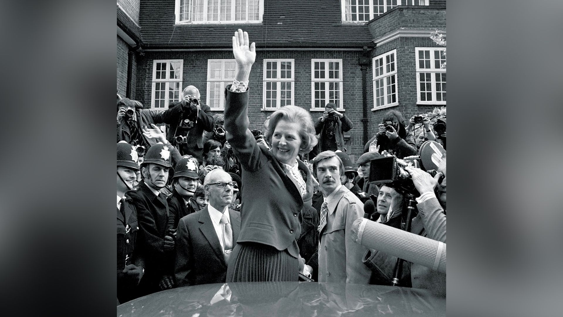 Margaret Thatcher arrives at the party headquarters after election day