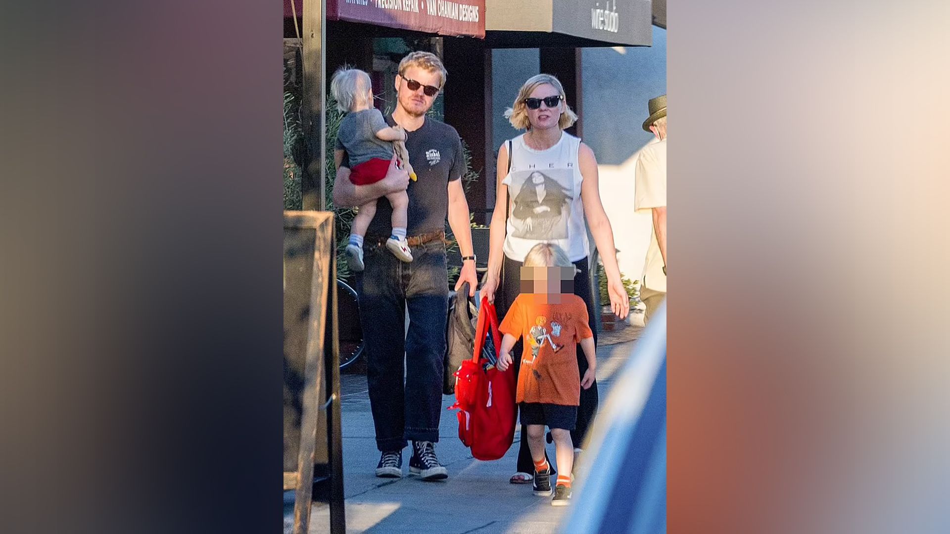 Jesse Plemons and Kirsten Dunst on a walk with the kids