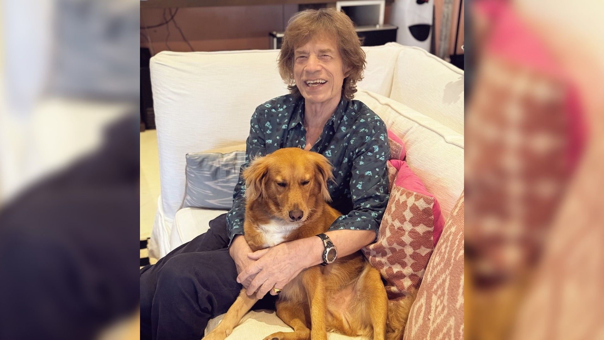 An elderly man with long hair is sitting on the couch and hugging a dog