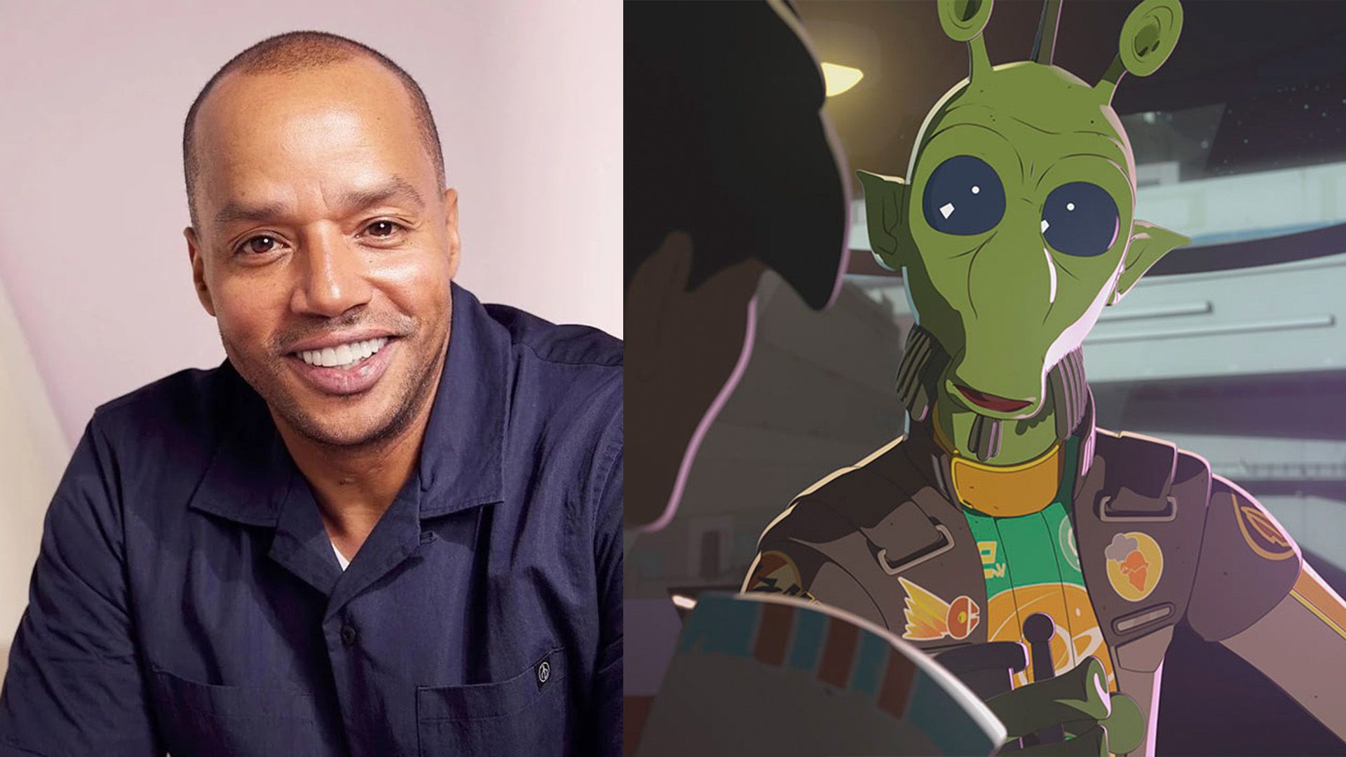 Collage: Donald Faison and a drawn green alien with big black eyes Hype Fazon