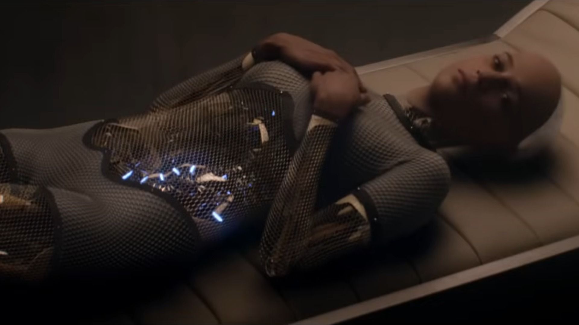Robot girl with translucent body showing wires