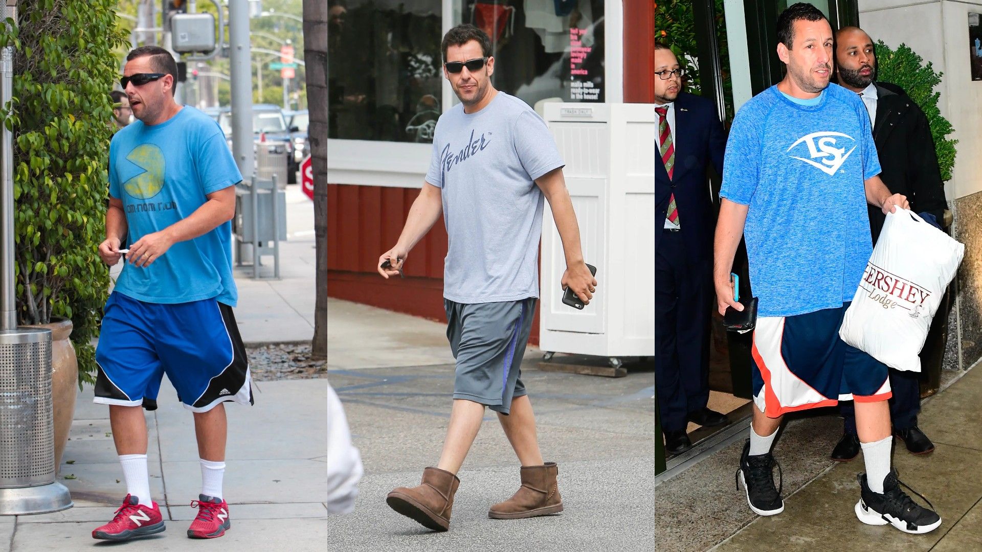 Collage of 3 full-length photos of Adam Sandler in relaxed style