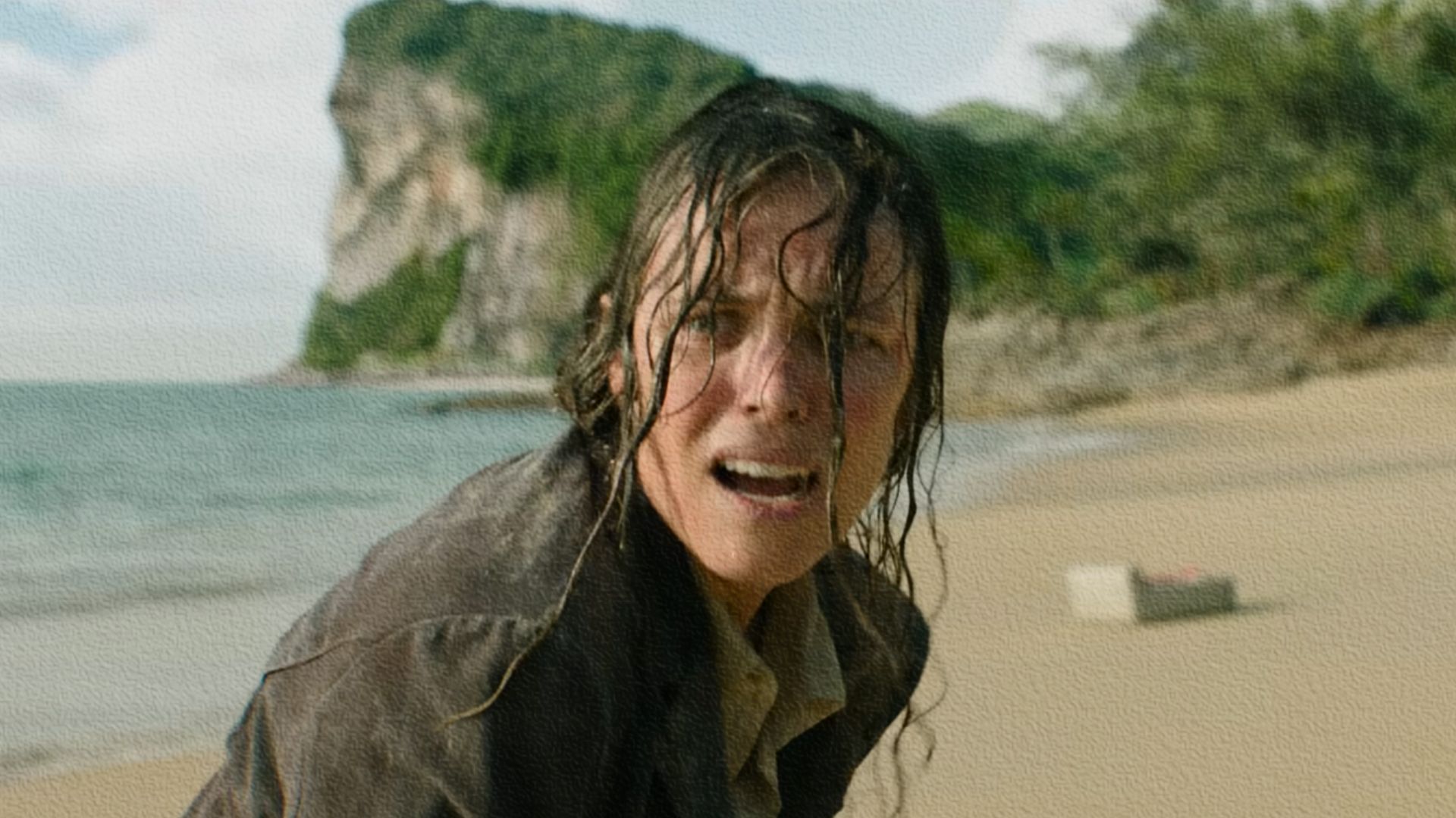A girl in wet clothes with wet hair stands on the shore of an island