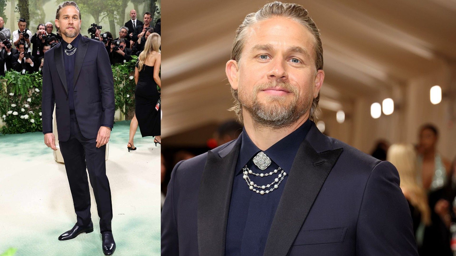 Charlie Hunnam in a navy suit, photo from Met Gala 2024, collage of 2 photos