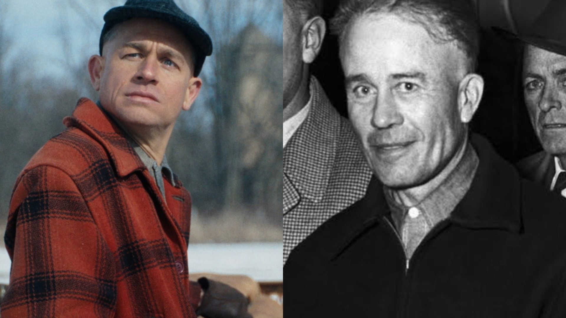 Collage of two photos: Charlie Hunnam in the series Monster: Ed Gein and the real Ed Gein, black and white photo