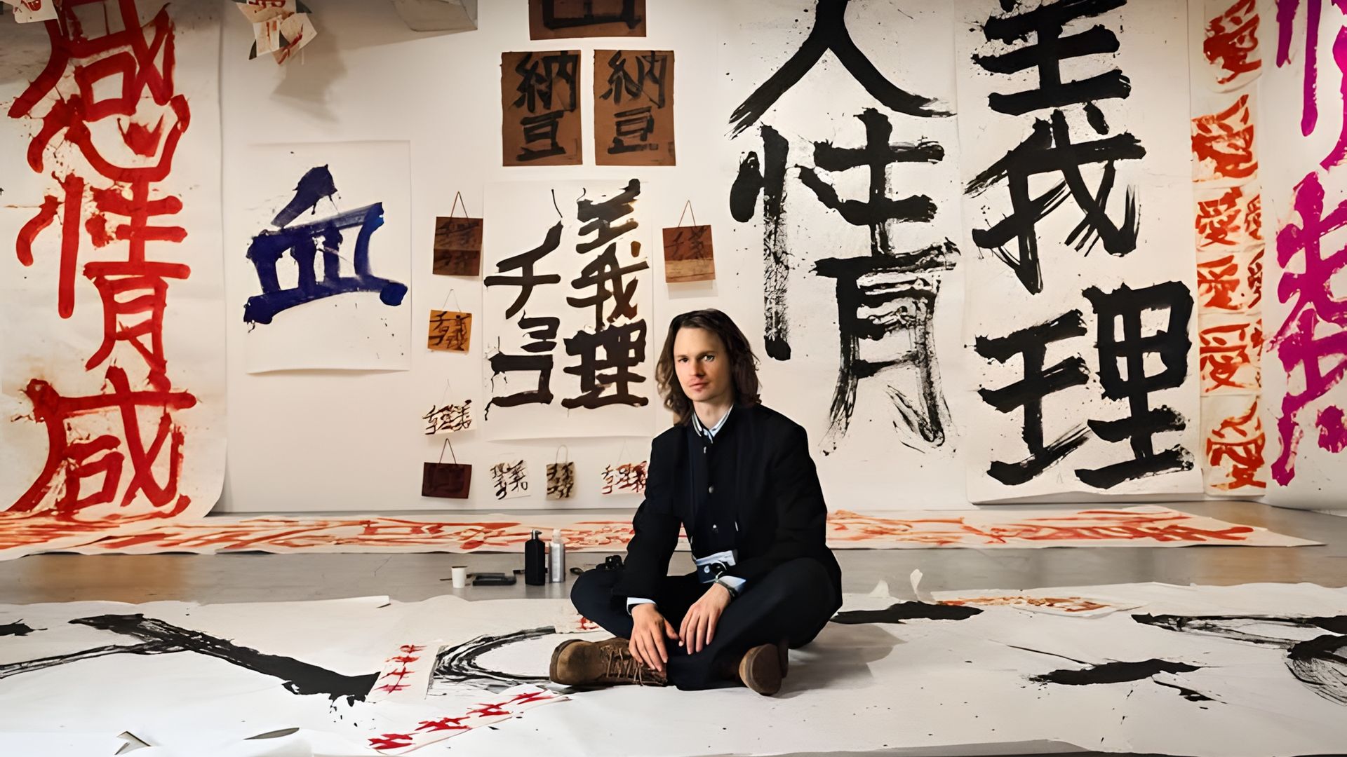 Ansel Elgort in a black suit sits on the floor surrounded by large canvases with vibrant hieroglyphics