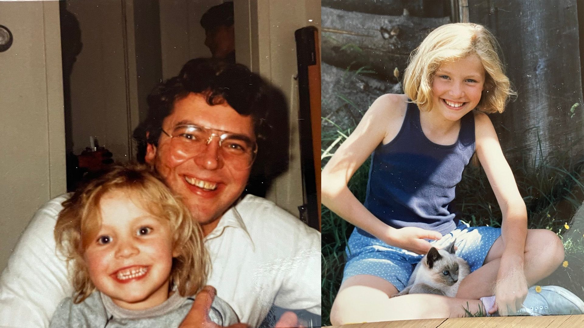 Collage: young Sarah Chalke with her father; Sarah Chalke as a child with a kitten